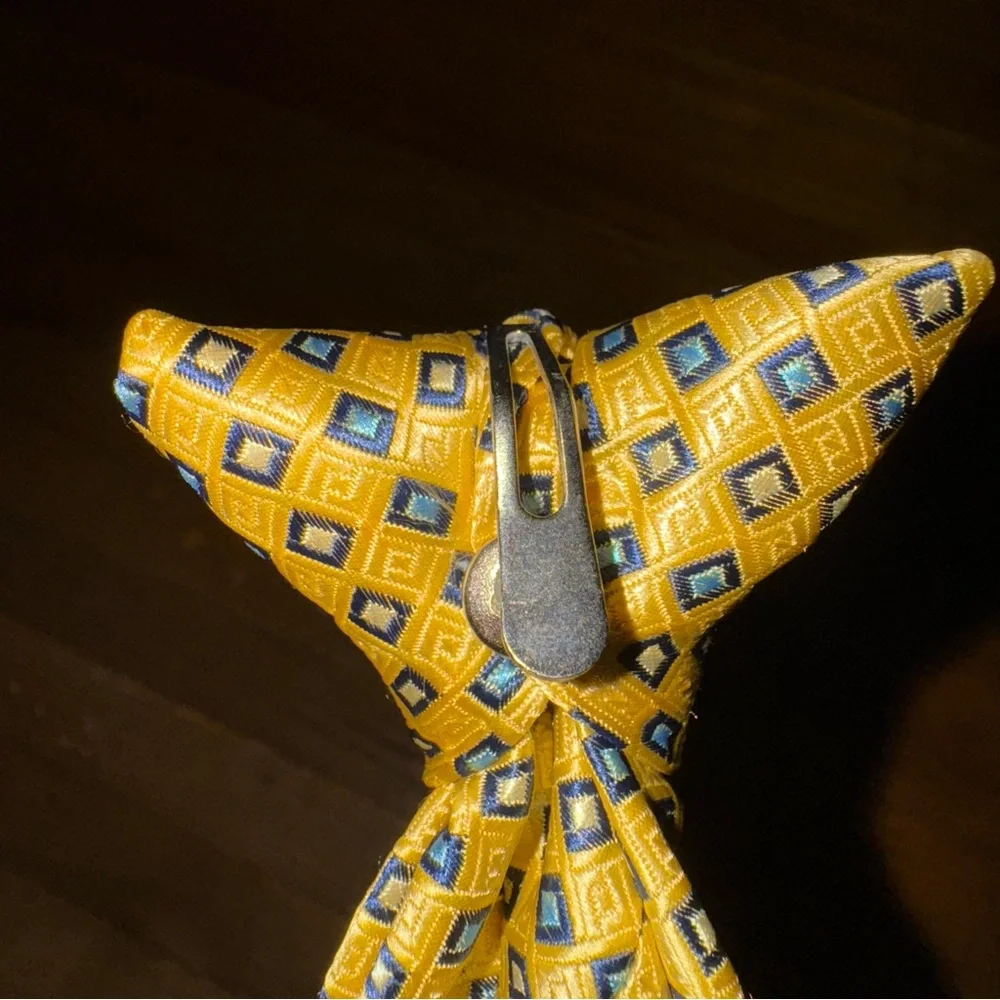 Boy’s Clip On Yellow Tie Blue and White Diamond Pattern #0784